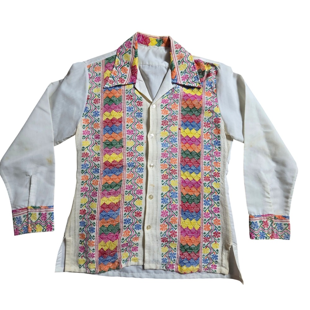 Vintage Mexican Hand Embroidered Shirt Mens S Long Sleeve Boho Folk Art 70s